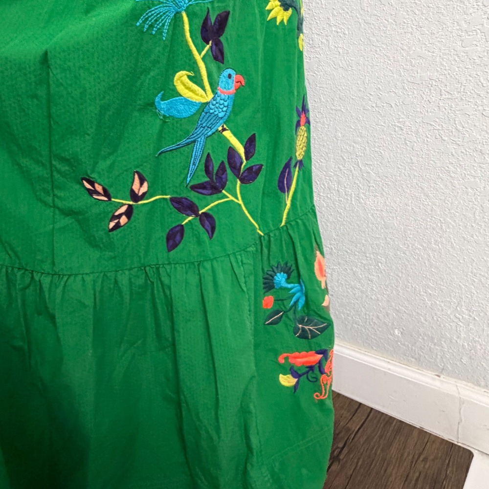 Anthropologie Green Embroidered Tropical Maxi Dress Parrot Leopard ALTERED - Picture 5 of 11
